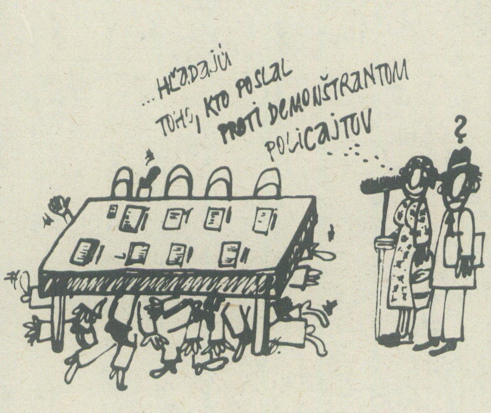Hľadajú toho, kto poslal proti demonštrantom policajtov, karikatúra v časopise Zmena. 1989. Univerzitná knižnica v Bratislave